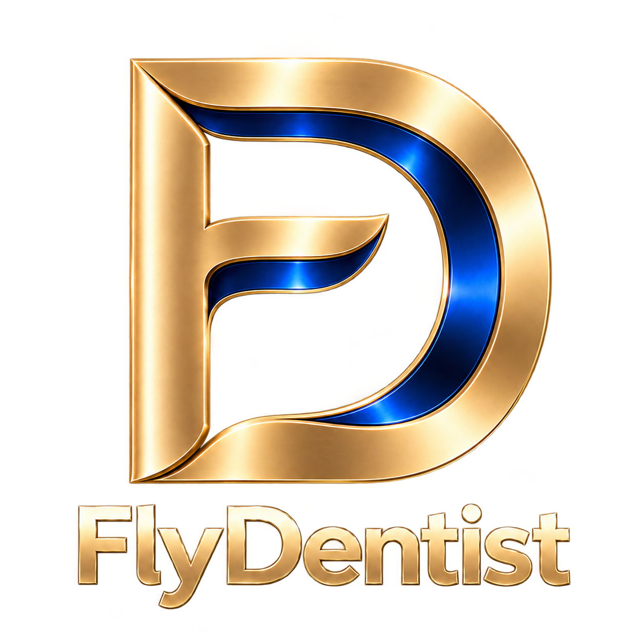 FlyDentist – verbundenes FD-Logo in Gold und Blau mit Schriftzug